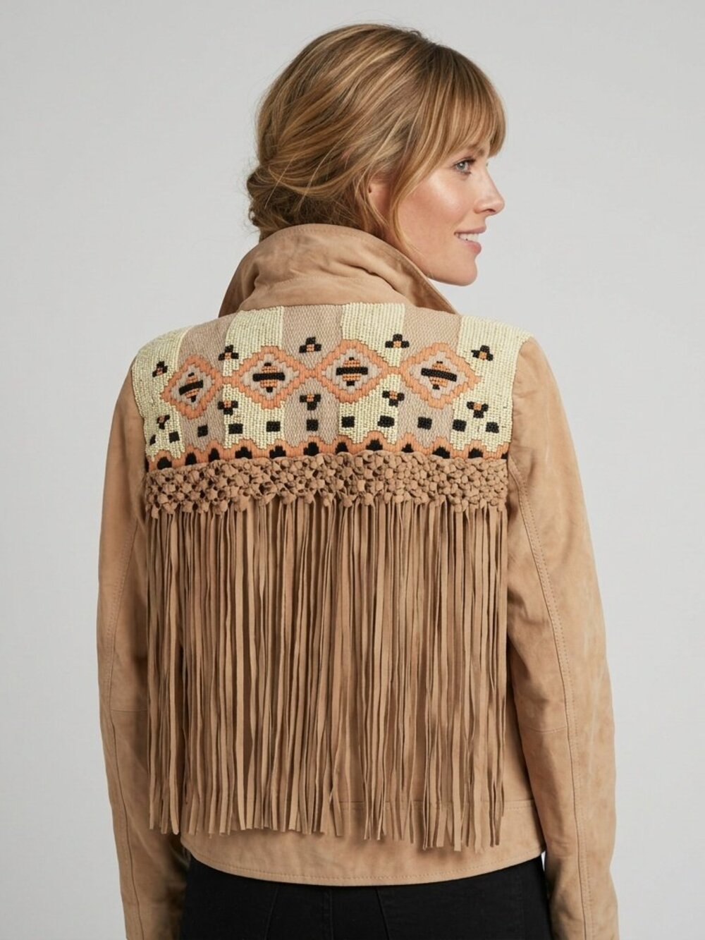 Leather Fringe Jacket BEADED Southwestern Cropped Tan Leather Coat